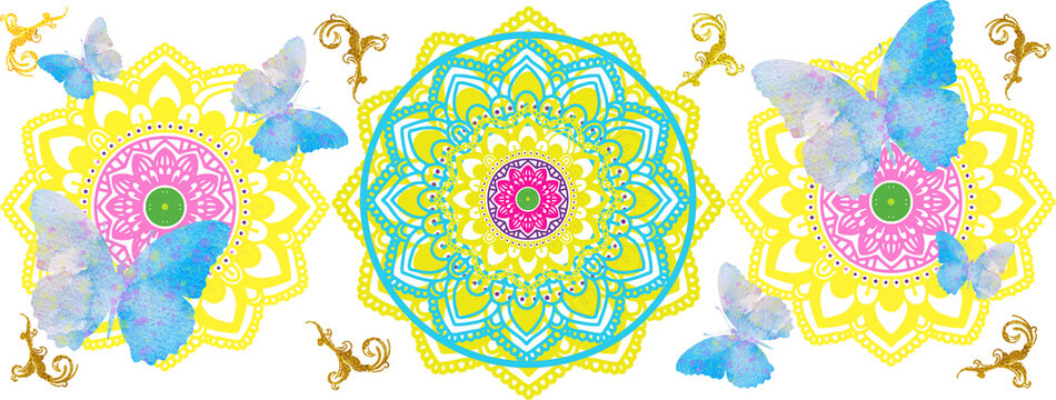 abstract background made of colorful splashes, Ramada, oriental, yoga, Indian, style. Mandala, butterfly, moon, flowers. Watercolor illustration.
