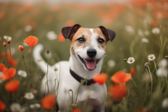 Happy Jack Russell terrier dog sitting in a flower field, generative ai 