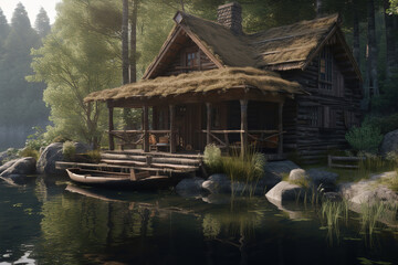 Fototapeta premium small cabin sitting on a dock next to a body of water, generative ai 