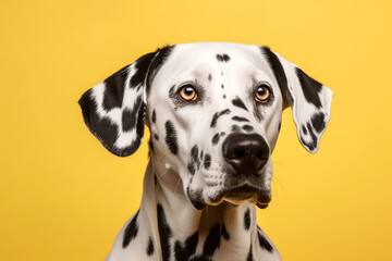 studio headshot portrait of Dalmatian dog looking forward against a yellow background, generative ai 