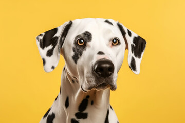 studio headshot portrait of Dalmatian dog looking forward against a yellow background, generative ai 