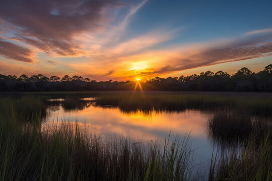 Sunset view of wetlands, generative ai 