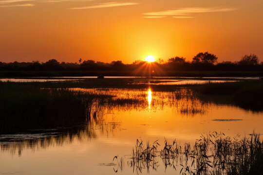 Sunset view of wetlands, generative ai © vvalentine