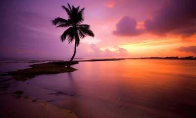 Fototapeta na wymiar Palme am Meer mit Sonnenuntergang und Strand - Leuchtende Farben mit Platz für Text oder Produkt