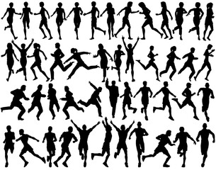 Set of editable vector silhouettes of people running