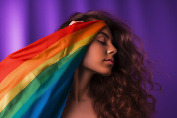 Fototapeta na wymiar Expressive Generative AI pride photo of lesbian woman with rainbow flag patterns. Inclusive society with equal rights. Pride day month celebration of diversity and inclusion. 
