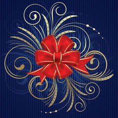 Red christmas bow on a blue background