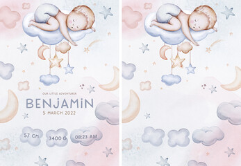 Watercolor newborn Baby Shower greeting card with babies boy. Birthday card with text space of new born baby and pregrand women invitation.