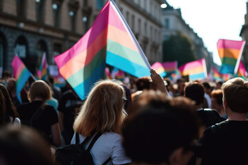 Generative AI of crowd of people with transgender flags at LGBTQ parade in city during sunny day - obrazy, fototapety, plakaty