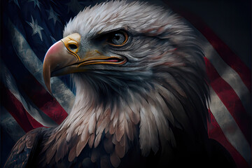 Fototapeta premium Generative AI illustration of side view head of bald eagle with pointed beak against flag of USA in darkness