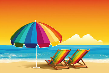 Fototapeta na wymiar Generative AI illustration of striped rainbow beach umbrella and multicolored deckchairs placed on sandy coast near blue sea under orange sunset sky