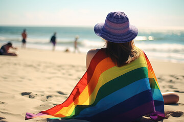 Generative AI illustration back view of young woman in hat sitting on sandy beach near waving sea during sunny day covered with rainbow LGBT flag