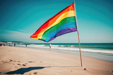 Generative AI illustration of LGBT flag waving in windy weather on sandy beach near blue sea under cloudless sky during sunny summer day