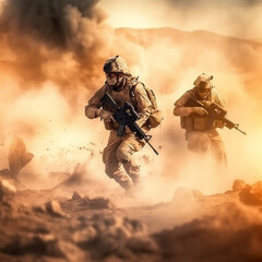 Fototapeta premium Through Fire and Smoke: Military Special Forces Crossing a Destroyed Warzone in the Desert, generative AI