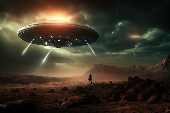 Generative AI illustration of distant Martian standing on rough ground surrounded by rocky formations under UFO flying saucer with glowing lights against dark cloudy gloomy sky