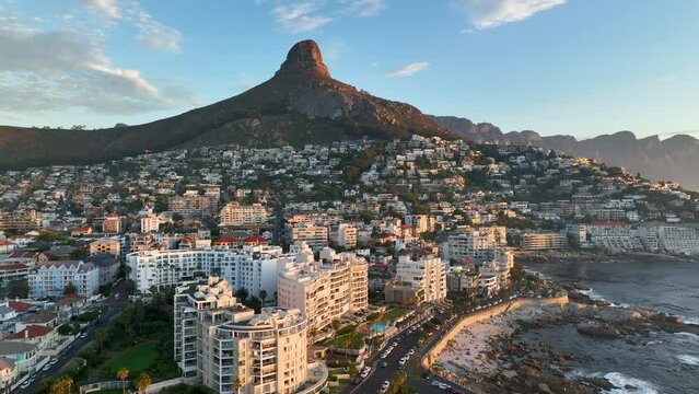 Aerial view of Atlantic Seaboard sunset with Lion&rsquo;s Head Mountain, Bantry Bay and Sea Point from Atlantic Ocean, Cape Town, South Africa.