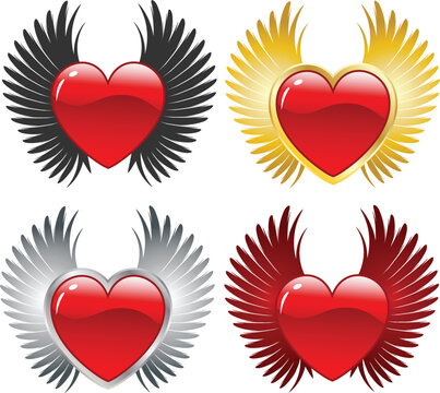 Various designs of hearts with wings