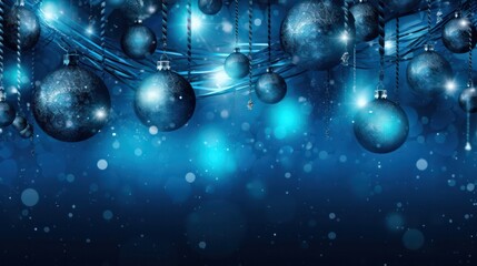 blue festive new year background or card with Christmas tree decorations with bokeh. Generative AI