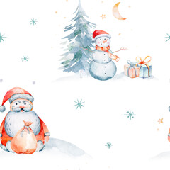 Watercolor Merry Christmas seamless pattern snowman, christmas tree, santa holiday invitation. Christmas gift celebration cards. Winter new year design.