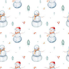 Watercolor Merry Christmas seamless pattern snowman, christmas tree, santa holiday invitation. Christmas gift celebration cards. Winter new year design.