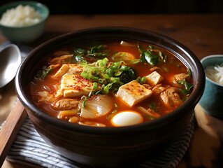 korean food. kimchi soup. korean table setting. Generative AI. 
