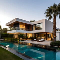 Fototapeta premium Contemporary Villa with pool and garden. Generative AI