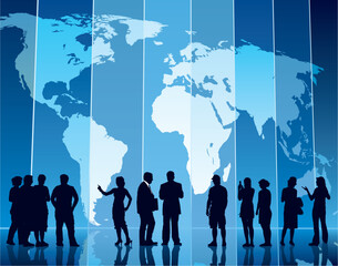 People are standing in front of a large map, conceptual business illustration. The base map is from Central Intelligence Agency Web site. - obrazy, fototapety, plakaty