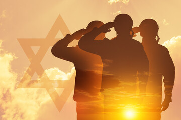 Double exposure of silhouette of a solider and the sunset or the sunrise against sky with silhouette of star of David.