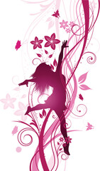 Fototapeta na wymiar Silhouette of a jumping female on a floral background