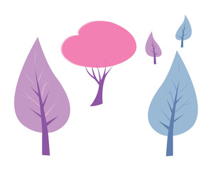 A collection of cartoonish-style vector trees in soft colors.