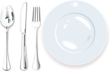 Vector image. Blue late, silver spoon, fork and knife