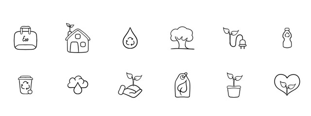 Set of vector icons representing ecological energy. Renewable energy, sustainability, green power. Vector black set icon on a white background