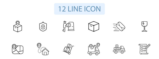 Set of vector icons representing fast delivery. Speed, quick, express, delivery truck, courier, package, shipping. Pastel color background. Vector 12 line icon for business