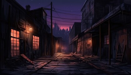 At night, a dark factory warehouse alley. (Illustration, Generative AI)