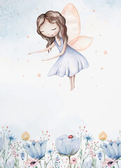 Fairy and Flowers watercolor isolated kids illustration for girls. Cartoon pink magic girl baby shower poster. Happy Birthday kid card