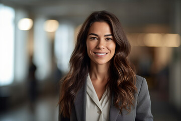 Obraz premium Portrait of a confident businesswoman smiling to the camera looking professional and executive. High quality photo Generative AI