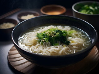 korean food. noodle soup cooking. Kalguksu. korean table setting. Generative AI.