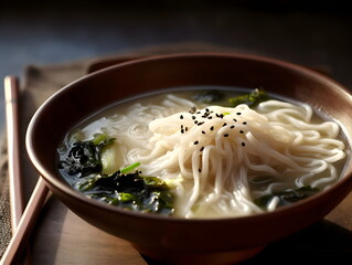 korean food. noodle soup cooking. Kalguksu. korean table setting. Generative AI.