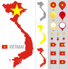 Obraz premium Vietnam vector map with flag, globe and icons on white background
