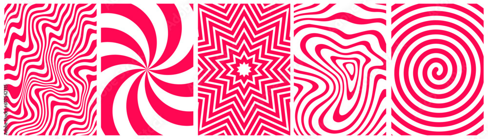 Poster swirl candy cane patterns set. vector red and white wavy background. abstract illustration of lollip