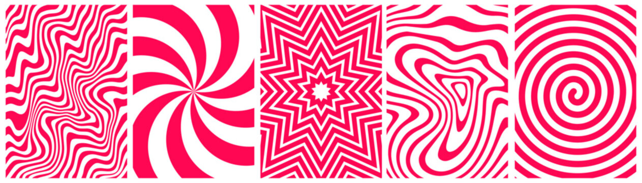 Swirl Candy Cane Patterns Set. Vector Red and White Wavy Background. Abstract Illustration of Lollipop, Caramel and Candy Cane Texture