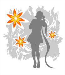 Ornate female silhouette on a gray background with  flowers and curls.