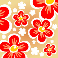 Fototapeta premium Ornate red flowers on a yellow background. Digital illustration.