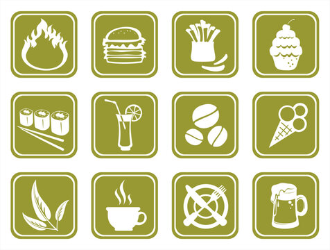 Twelve ornate food symbols on a green background.