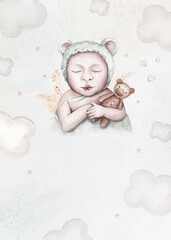 Watercolor newborn Baby Shower greeting card with babies boy girl. Birthday baby shower of new born baby