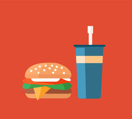 Flat vector illustration of cartoon burger with drink on red background