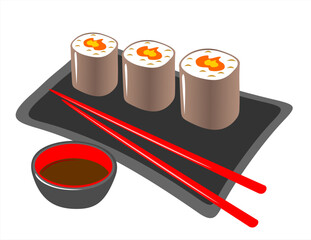 Plate from a japanese rolls, chopsticks and soya  sauce on a white background.