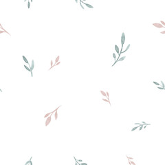 Obraz premium Seamless watercolor floral pattern pink blush flowers elements, green leaves branches on white backgroundfor wrappers, wallpapers, greeting cards, wedding invites