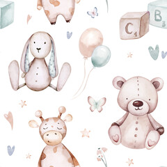 Seamlesss pattern with cartoon clouds, magic baby bear bunny toys and cow. Watercolor hand drawn illustration with white background
