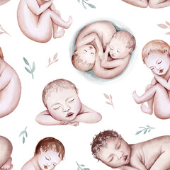 Watercolor newborn seamless pattern with babies boy girl. Birthday baby shower background of new born baby